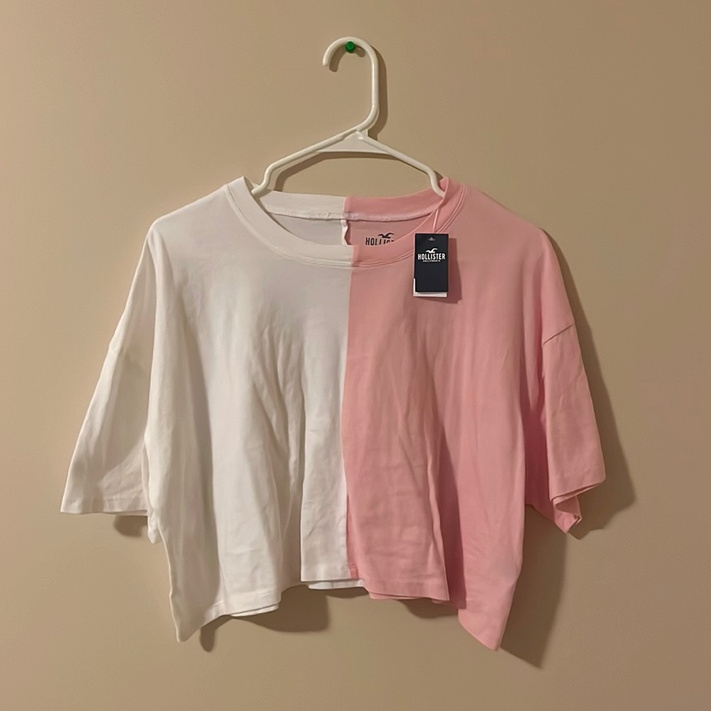 Hollister Pink and White Color Block Cropped Tee